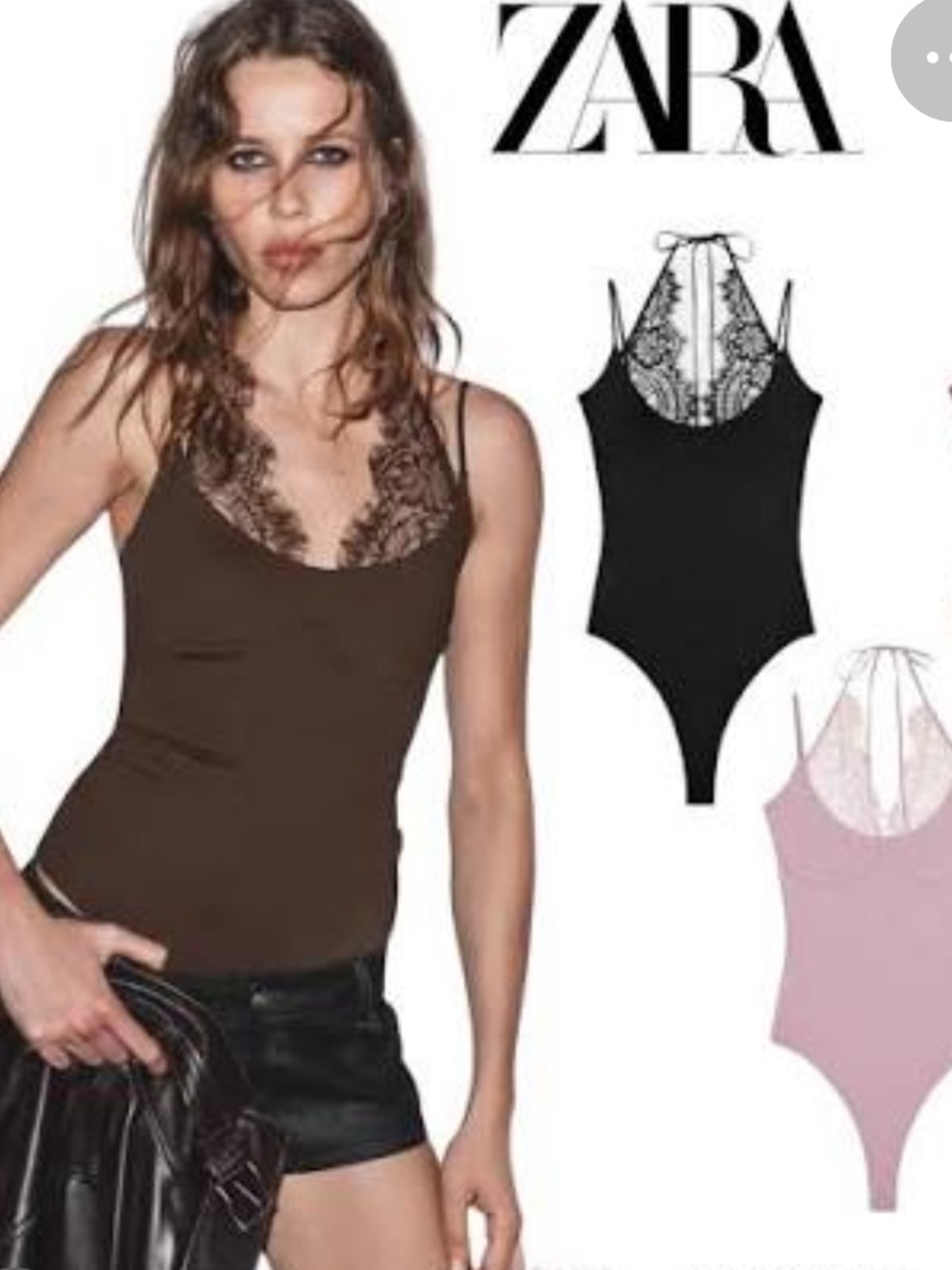 ZARA Brown Lace-Trim Bodysuit